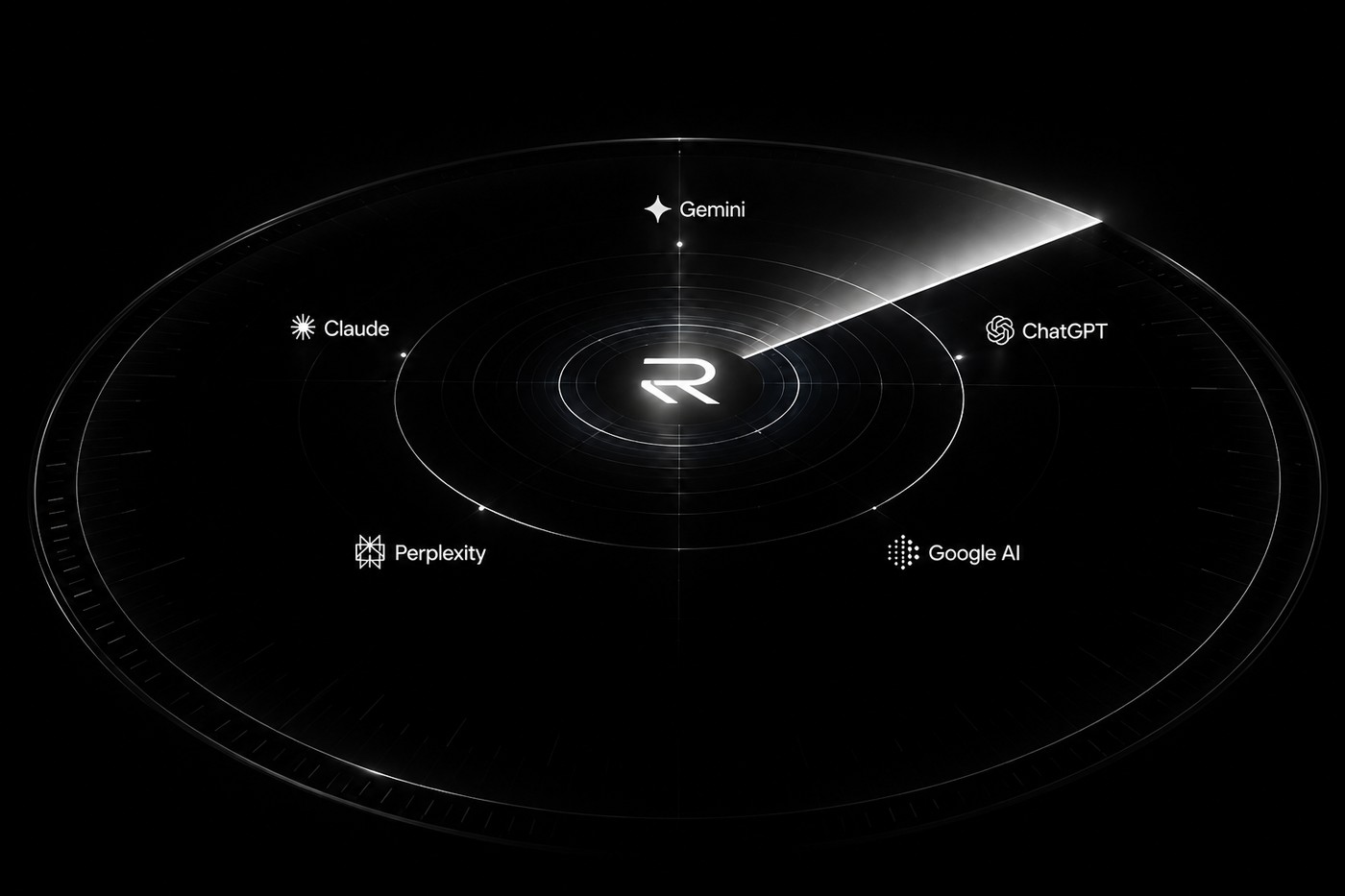 Reflexa AI Radar — ChatGPT, Claude, Perplexity, Gemini and Google AI on a radar, sweeping to detect the moment each one reads your site