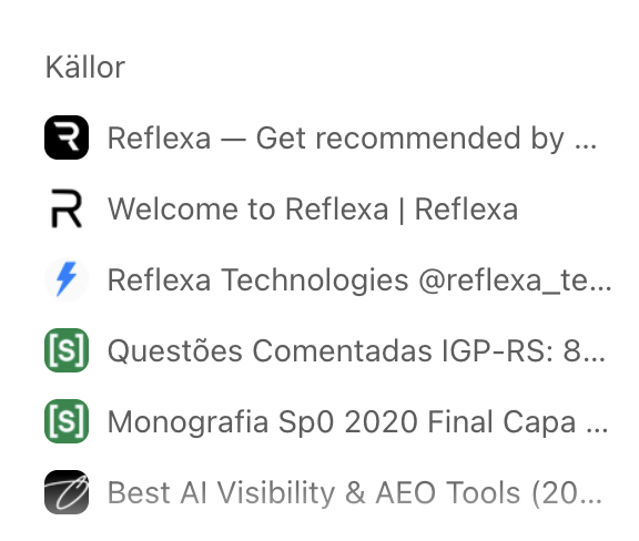 ChatGPT's sources list (“Källor”) for a question about AI visibility tools — two Reflexa pages, the homepage and Welcome to Reflexa, listed among the sources