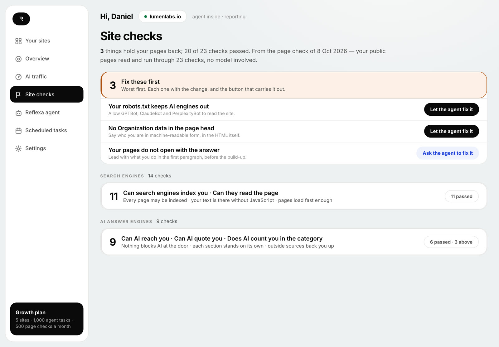 Reflexa Agent — the 23 checks on a site, with the ones the agent fixes from inside marked as switches